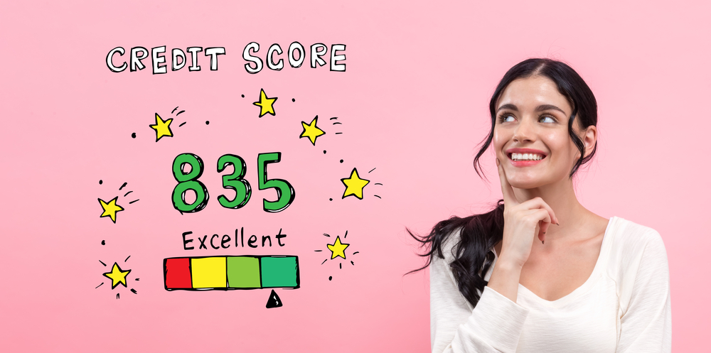 Excellent credit score theme with young woman