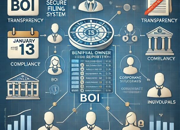 Infographic on Beneficial Owner Information (BOI) Reporting featuring a secure digital filing system, transparency icons, compliance visuals, a January 13 calendar, and a corporate structure diagram. Designed in FinCEN branding colors: blue, white, and gold.