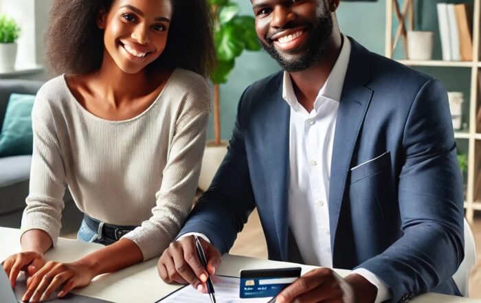 Black couple happy holding an approved credit card with credit cards on a desk symbolizing successful credit card approval and financial organization.