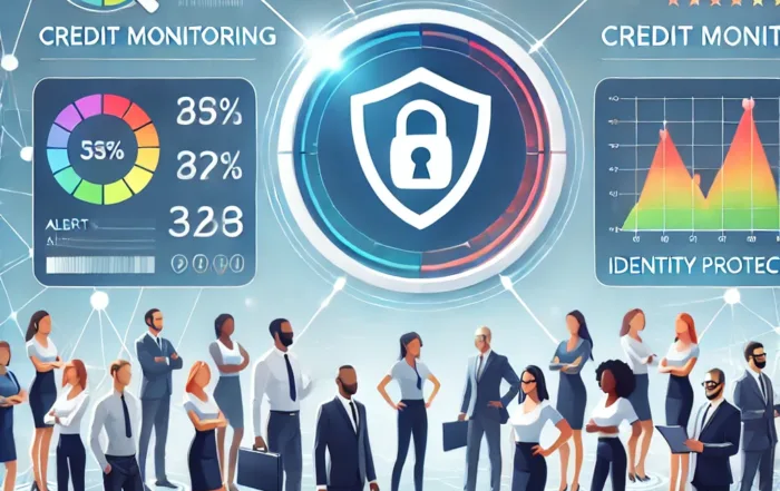 Illustration of credit monitoring featuring a secure digital dashboard with credit score metrics, alerts for suspicious activity, identity protection shield, and data security visuals, emphasizing financial safety and accessibility.