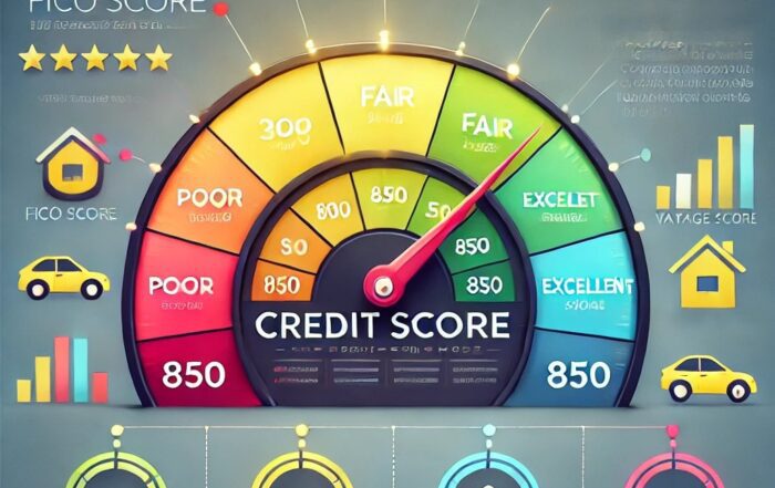 "Infographic showing credit scoring models with a gauge ranging from 300 to 850, divided into red, yellow, and green sections for poor, fair, and excellent scores. Icons for a car, house, and credit card represent industry-specific scores, and text labels include 'FICO Score,' 'VantageScore,' and 'Alternative Credit Models' on a clean, professional background."