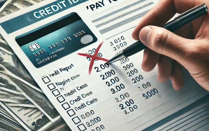 "A conceptual image representing the 'pay to delete' credit method, featuring a credit report with negative marks, a pile of cash, a pen, and a hand holding a credit card. The background includes a laptop and financial graphs, symbolizing financial planning and credit repair."