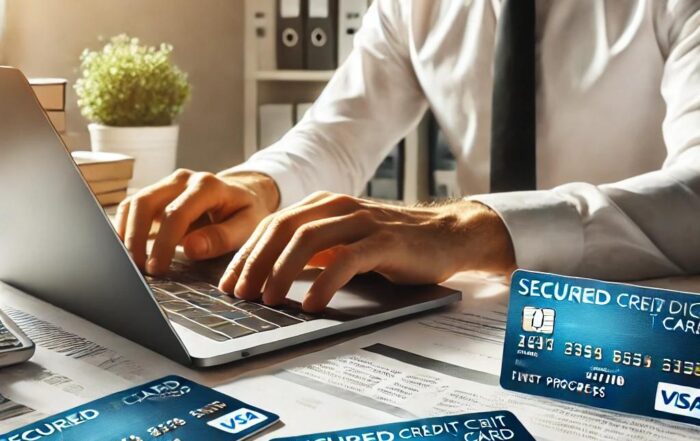 Young professional using a laptop with financial documents and secured credit cards from First Progress and OpenSky on a modern desk, emphasizing financial growth, credit building, and organization