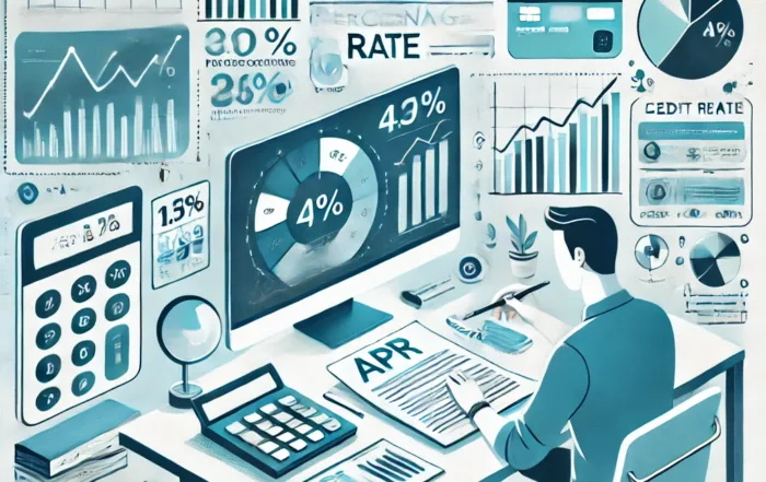 A professional illustration of APR (Annual Percentage Rate) with a person reviewing financial documents, charts, and a calculator in a modern office, symbolizing financial planning and credit management.