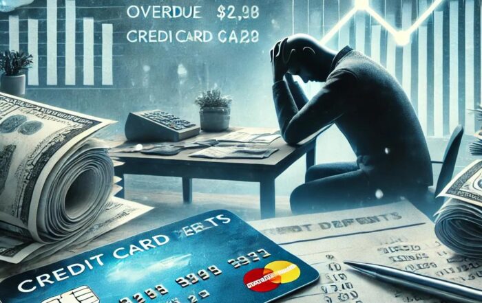 Illustration of financial stress caused by credit card defaults, featuring a person overwhelmed by bills, a broken credit card, and graphs showing rising default rates.