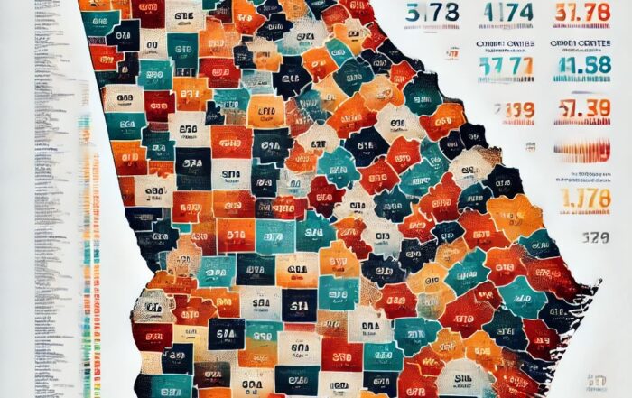 A detailed map of Georgia highlighting all 159 counties with colors representing credit score rankings. Includes a legend for score ranges, urban and rural areas, and a professional layout ideal for financial insights
