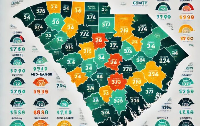Infographic map of South Carolina showing counties ranked by average credit score, color-coded by score range from green (high) to red (low), with a bold title reading 'South Carolina Counties by Average Credit Score' for clear and accessible information.