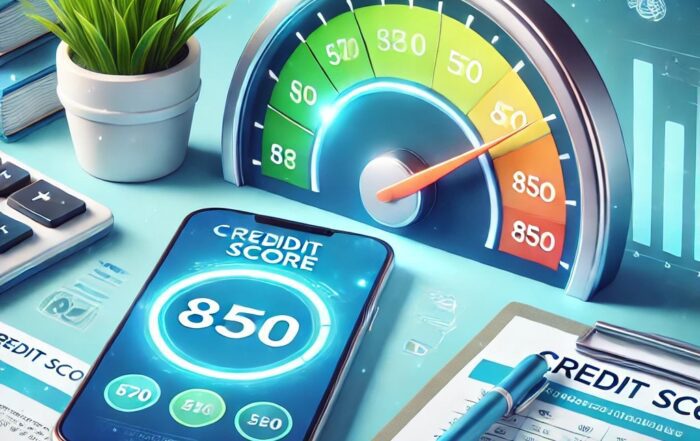 Illustration of a credit score gauge showing 850, surrounded by a financial theme with a smartphone, calculator, and documents on a desk, representing excellent credit.