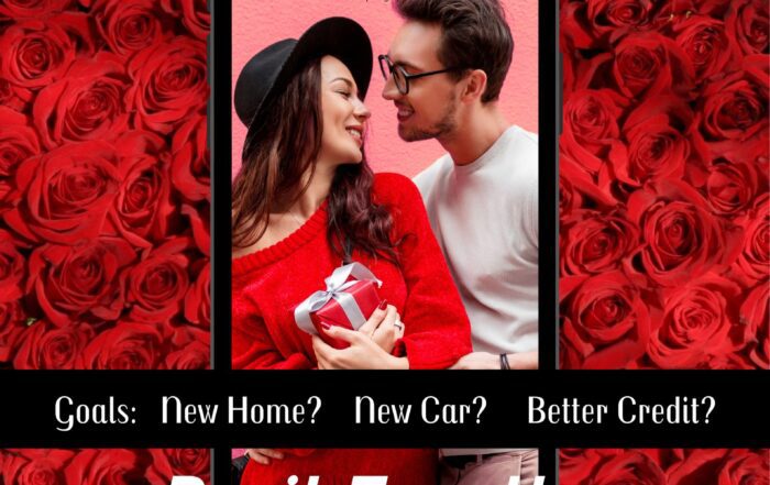 Valentine's Day Credit Repair Special by Masters Credit Consultants. A romantic couple in red outfits smiles at each other while holding a gift box, surrounded by red roses. Bold text highlights the offer: "2-Person Signup - $150 Total," with a deadline of February 14. Promotional message: "Do it Together" encourages couples to improve their credit together. Call-to-action includes contact details: Masters Credit Consultants, Office: 864-249-9466, Website: www.masterscredit.com.