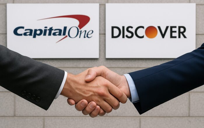 Corporate executives from Capital One and Discover shaking hands against a backdrop of a city skyline and banking graphics, symbolizing the merger and its impact on US consumers.