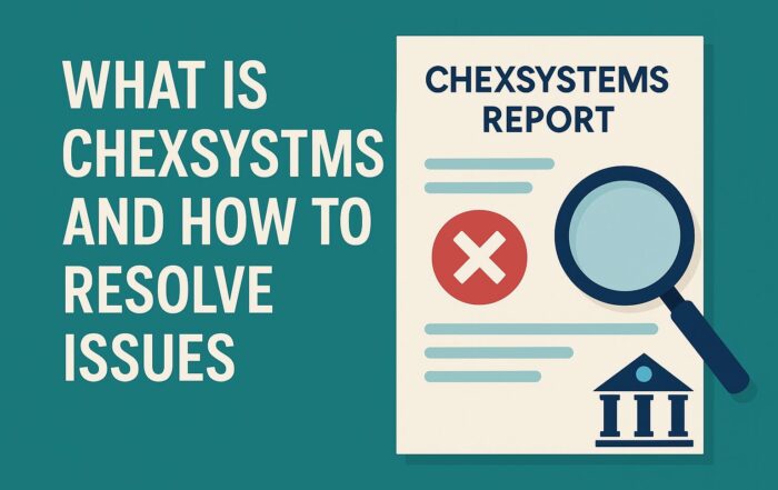 Illustration showing a ChexSystems report with a magnifying glass, a bank icon, and headline text explaining how to resolve ChexSystems issues.