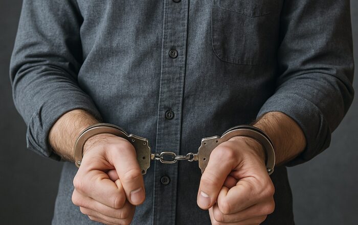 Close-up of a person in handcuffs, symbolizing the legal consequences of credit sweep fraud.