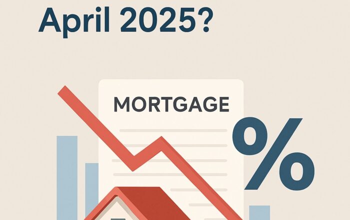 Infographic showing house on mortgage document with downward red arrow and falling interest rate symbols, illustrating why real estate interest rates are dropping in April 2025