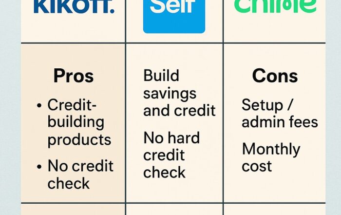 Comparison chart of Kikoff, Self, and Chime credit-building services, highlighting their pros and cons in a visually engaging layout.