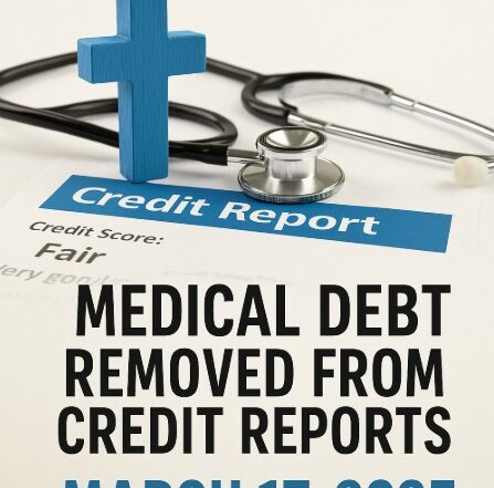 A bold digital graphic announcing the March 17, 2025, update on medical debt removal from credit reports, highlighting financial relief for consumers and improved credit scores.