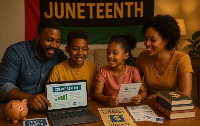 African American family celebrating Juneteenth while learning financial literacy and reviewing credit reports together at home.