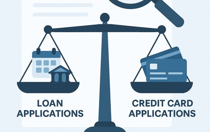 "Infographic comparing Too Many Inquiries: Loans vs Credit Card Applications with a credit report, magnifying glass, and balance scale; promotes Masters Credit Consultants for credit repair services."