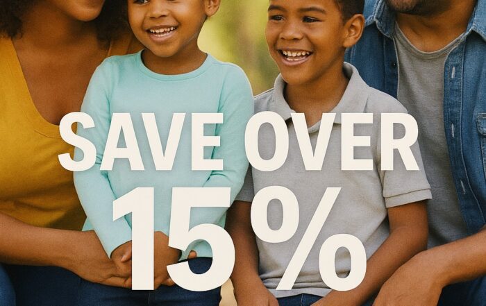"Smiling African American family with overlay text promoting Masters Credit Consultants' limited-time credit repair discount of over 15% from July 14 to 18, featuring additional savings for returning clients."