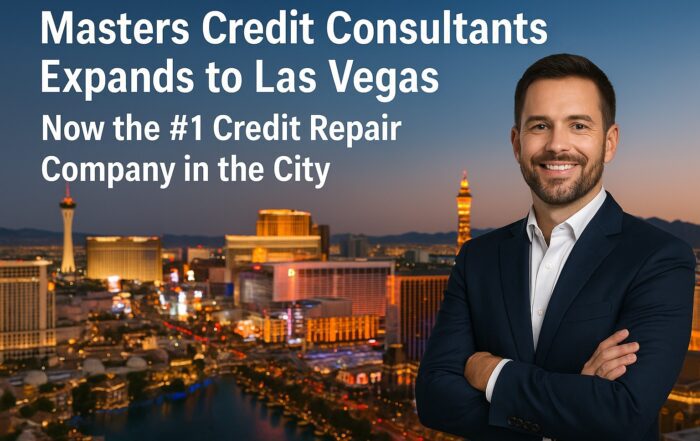 "Masters Credit Consultants expands to Las Vegas, featuring a confident businessman in a suit standing in front of the Las Vegas Strip skyline at dusk with bold announcement text overlay."