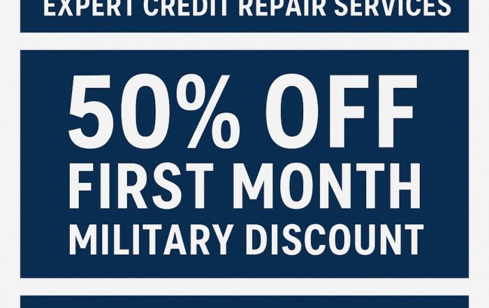 Promotional image for Masters Credit Consultants expanding into Arlington, VA. Blue and white design highlighting expert credit repair services, 50% off first month military discount, and phone number 1-844-620-8796 with website www.masterscredit.com
