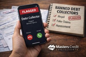 Banned debt collectors list 2026 showing flagged debt collector call and illegal collection warning signs