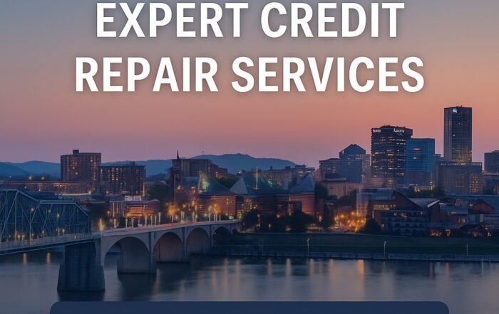 Promotional image for Masters Credit Consultants expanding into Chattanooga, TN. Real-life photo of the Chattanooga skyline and Walnut Street Bridge at dusk with overlay text promoting expert credit repair services, phone number 1-844-620-8796, and website www.masterscredit.com
