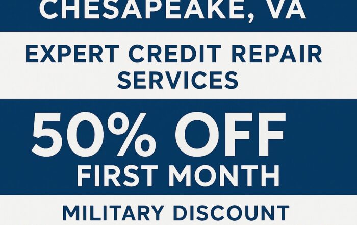Promotional image for Masters Credit Consultants expanding into Chesapeake, VA. Professional blue/white design highlighting expert credit repair services, 50% off first month military discount, and phone 1-844-620-8796 with website for free consultation.