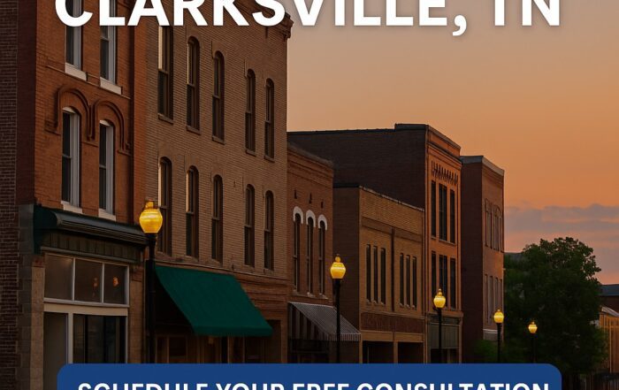 Promotional image for Masters Credit Consultants expanding into Clarksville, TN. Real-life photo of Clarksville’s historic downtown streetscape at sunset with overlay text promoting expert credit repair services, phone number 1-844-620-8796, and website www.masterscredit.com