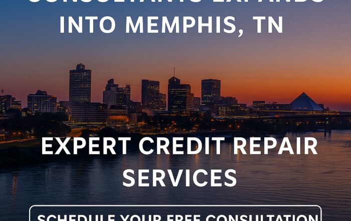 Promotional image for Masters Credit Consultants expanding into Memphis, TN. Real-life photo of the Memphis skyline at dusk with the Mississippi River in the foreground. Overlay text promotes expert credit repair services, includes phone number 1-844-620-8796, website www.masterscredit.com , and a call-to-action to schedule a free consultation.