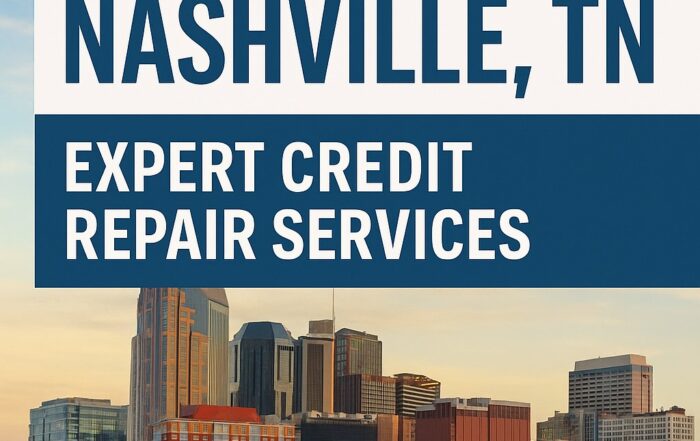 Promotional image for Masters Credit Consultants expanding into Nashville, TN. Real-life photo of the Nashville skyline at sunset with professional overlay text highlighting expert credit repair services, phone number 1-844-620-8796, and website www.masterscredit.com