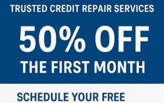 Promotional image for Masters Credit Consultants expanding into Norfolk, VA. Blue and white design highlighting trusted credit repair services, 50% off the first month, phone number, website, and free consultation offer.