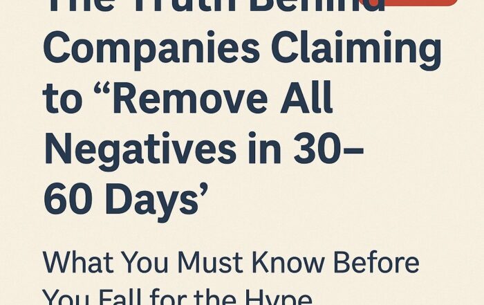 Warning graphic with headline: “The Truth Behind Companies Claiming to ‘Remove All Negatives in 30–60 Days’ – What You Must Know Before You Fall for the Hype”