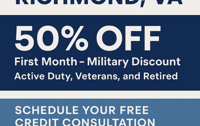 Promotional image for Masters Credit Consultants expanding into Richmond, VA. Professional blue and white design highlighting expert credit repair services, 50% off the first month military discount, phone number 1-844-620-8796, and website www.masterscredit.com