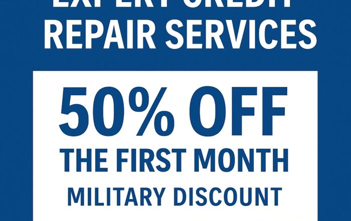 Promotional image for Masters Credit Consultants expanding into Virginia Beach, VA. Blue and white design highlights expert credit repair services, 50% off the first month military discount, and includes consultation contact information.