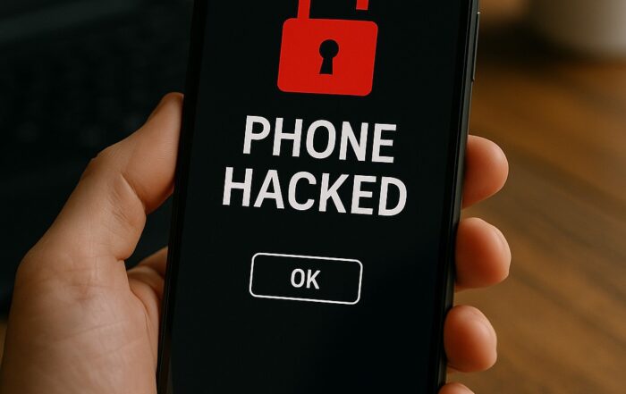 A realistic photo of a person holding a smartphone displaying a “Phone Hacked” warning message on screen, symbolizing mobile security threats and cyber risks.