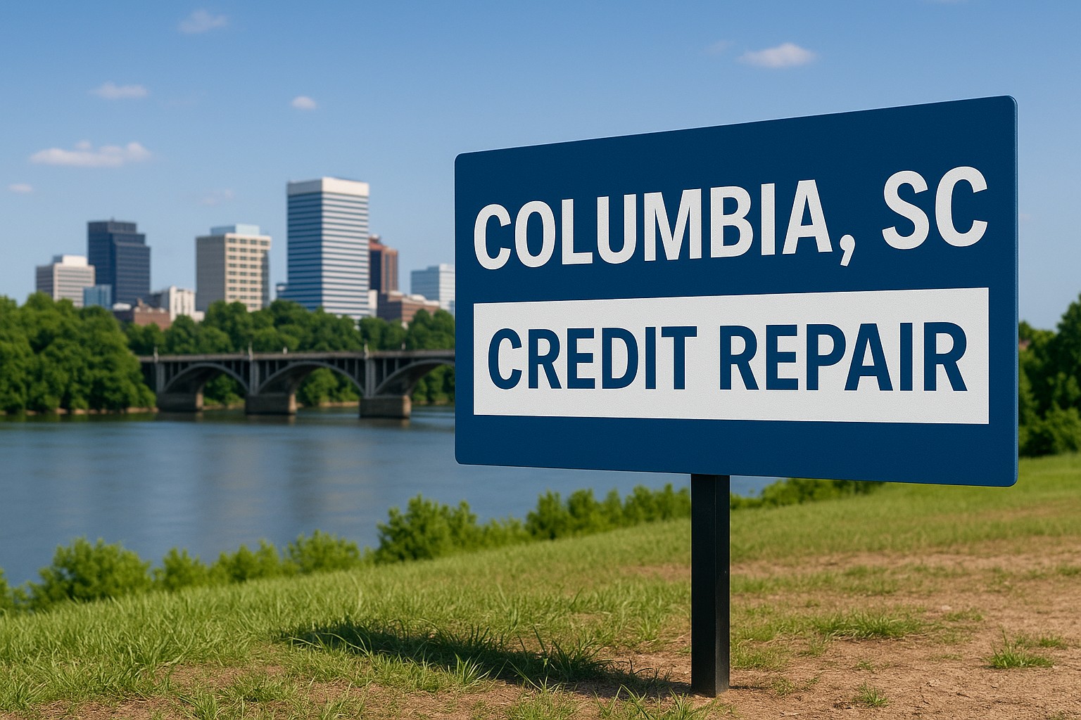 Columbia, SC Credit Repair sign with the Columbia skyline and Gervais Street Bridge over the Broad River in the background on a sunny day.