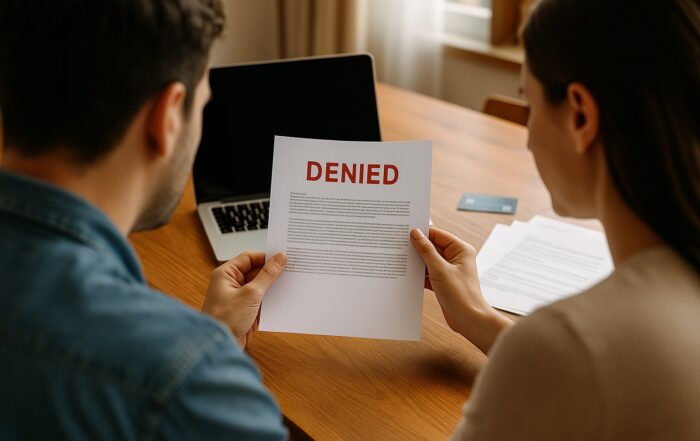 Over-the-shoulder view of a couple reading a detailed denial letter with “DENIED” in red text and small printed wording below.