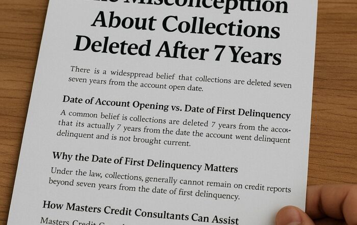 Correctly spelled document titled “The Misconception About Collections Deleted After 7 Years” on desk, representing accurate credit reporting information.