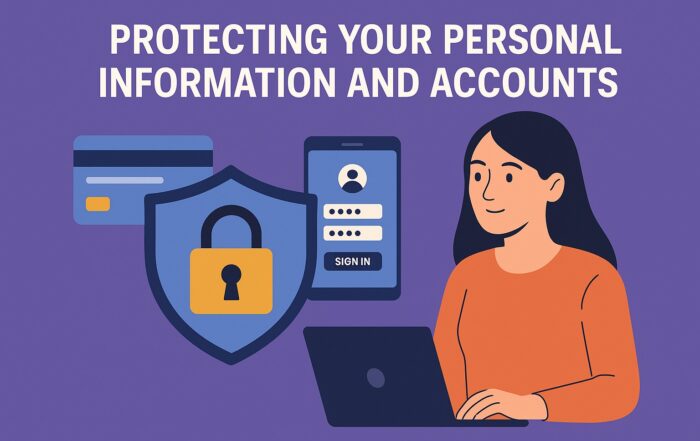 Illustration of a woman using a laptop beside cybersecurity icons including a lock, shield, credit card, and smartphone with the text Protecting Your Personal Information and Accounts.