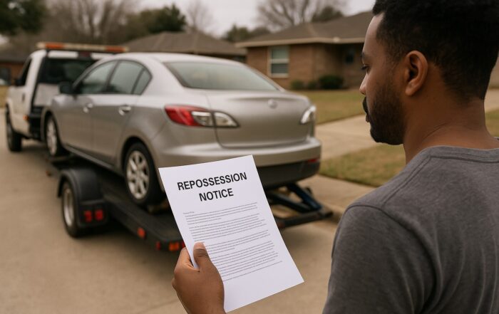 A man watches his car being towed away while holding a repossession notice, symbolizing credit and financial challenges.