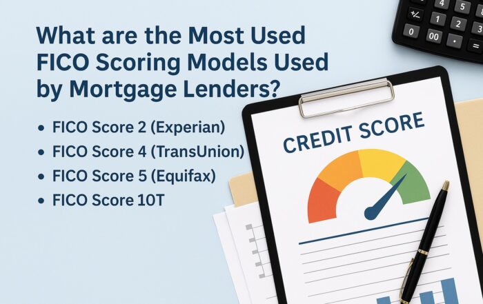 “Informational image showing most used FICO scoring models used by mortgage lenders, including FICO Score 2 (Experian), FICO Score 4 (TransUnion), FICO Score 5 (Equifax), and FICO Score 10T, displayed beside a credit score chart and office desk items.”