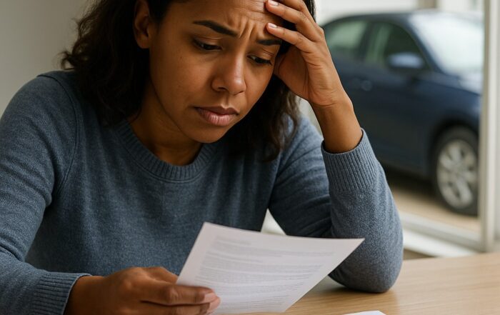A worried woman reviews a car loan payment schedule at her table, symbolizing financial stress and being upside down on a car loan
