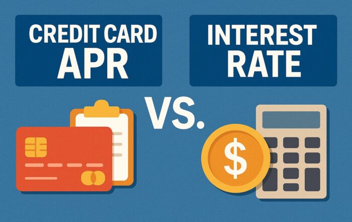 Comparison illustration showing the difference between Credit Card APR and Interest Rate with icons of a credit card, dollar coin, and calculator.