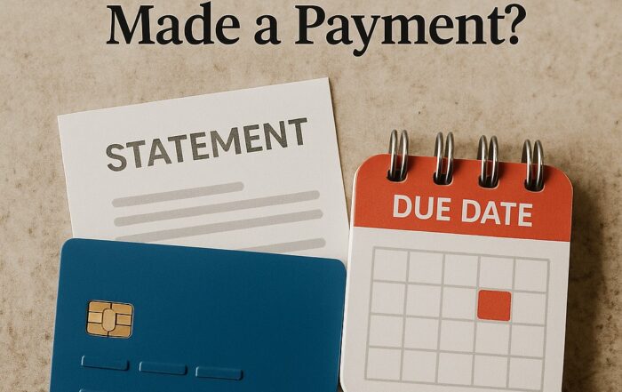 Realistic photo of a blue credit card, statement, and red due date calendar on a granite countertop under soft natural lighting, symbolizing payment timing and reporting cycles.