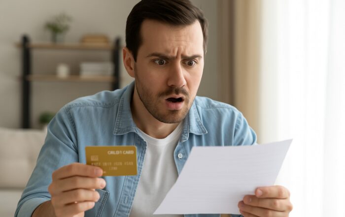 A surprised man looking at his credit card statement while holding a gold card, representing a sudden credit limit drop after a large payment.