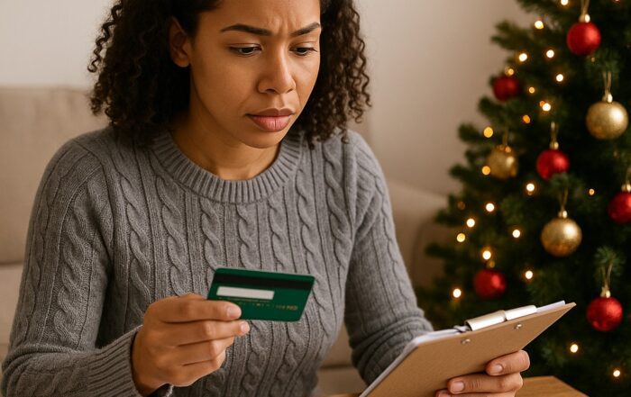 Woman reviewing holiday credit card expenses while budgeting to maintain good credit during the holidays in a decorated living room.