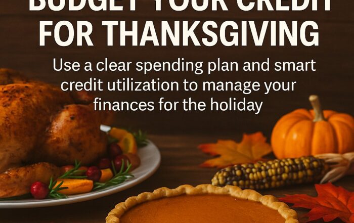 Thanksgiving table with roasted turkey, pumpkin pie, fall décor, and credit budgeting message about smart holiday credit planning