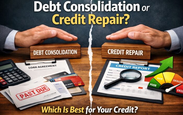 Debt consolidation versus credit repair comparison showing loan documents, past-due bills, and a credit report with rising score to help decide which option is best for your credit.