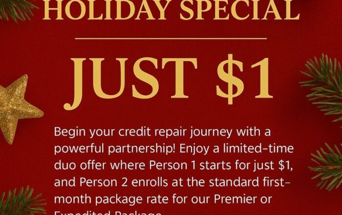 Masters Credit Consultants Credit Repair Holiday Special flyer promoting the $1 credit repair offer with luxury red and gold Christmas design, highlighting the duo enrollment discount.
