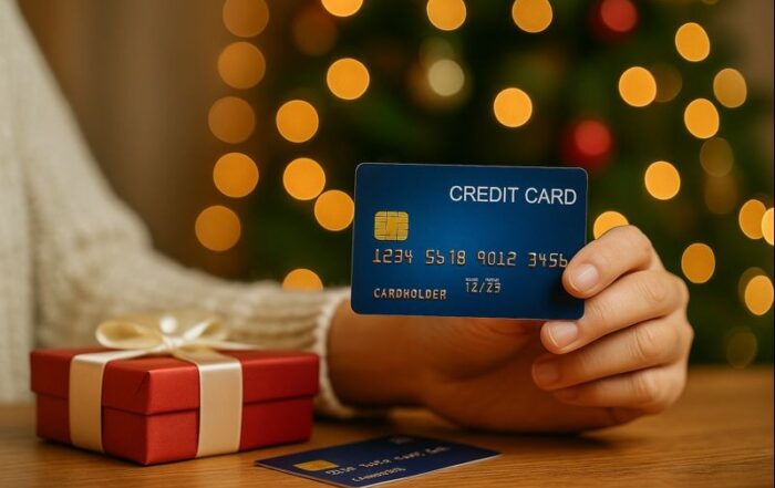 Person holding a credit card next to a holiday gift box with Christmas lights in the background, highlighting the benefits of opening a new credit card for holiday shopping rewards and savings.